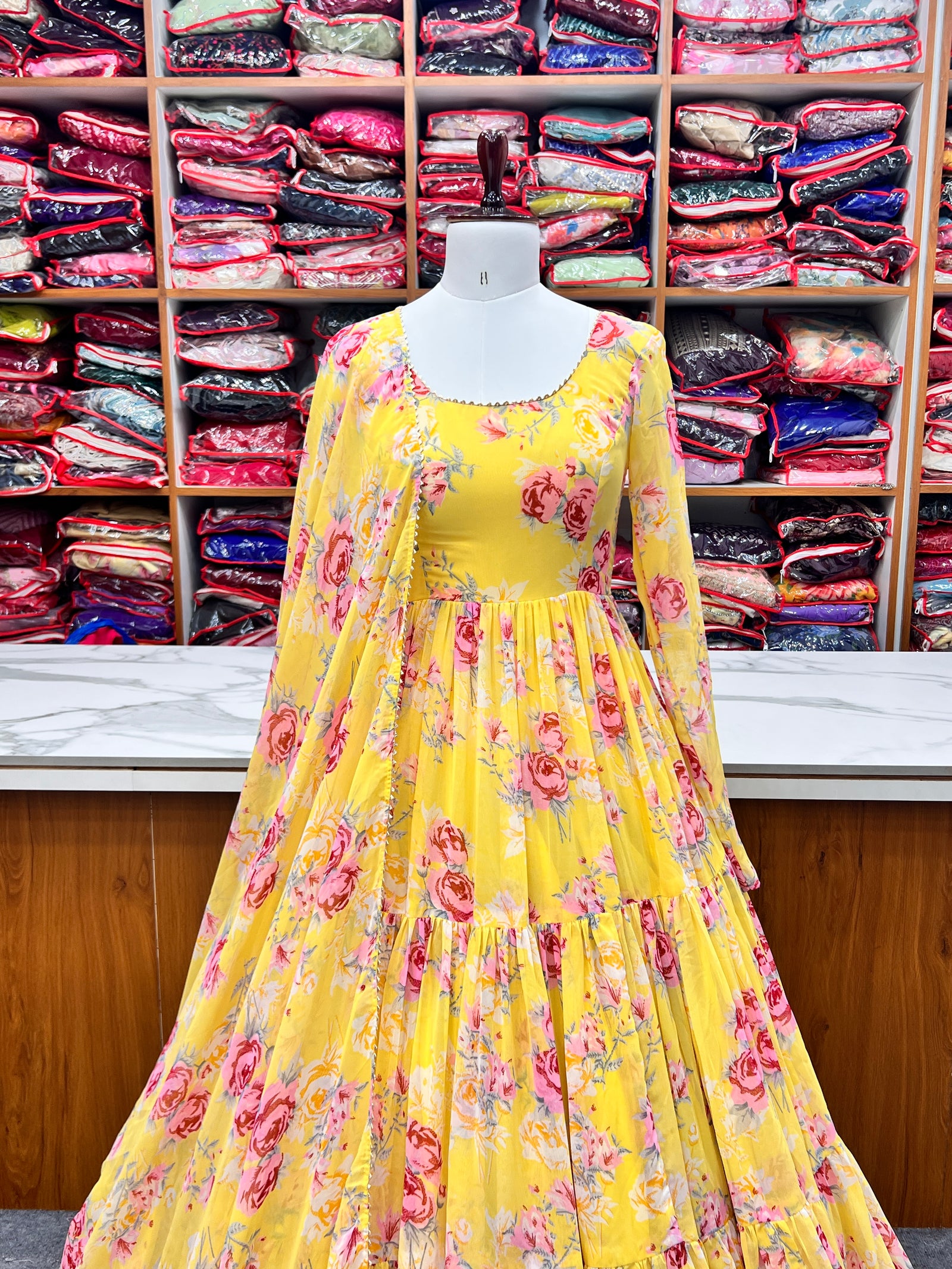 Yellow Designer Floral Print Anarkali Set with Dupatta & Pant Ready-to-Wear Festive & Wedding Outfit