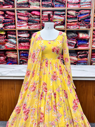 Yellow Designer Floral Print Anarkali Set with Dupatta & Pant Ready-to-Wear Festive & Wedding Outfit