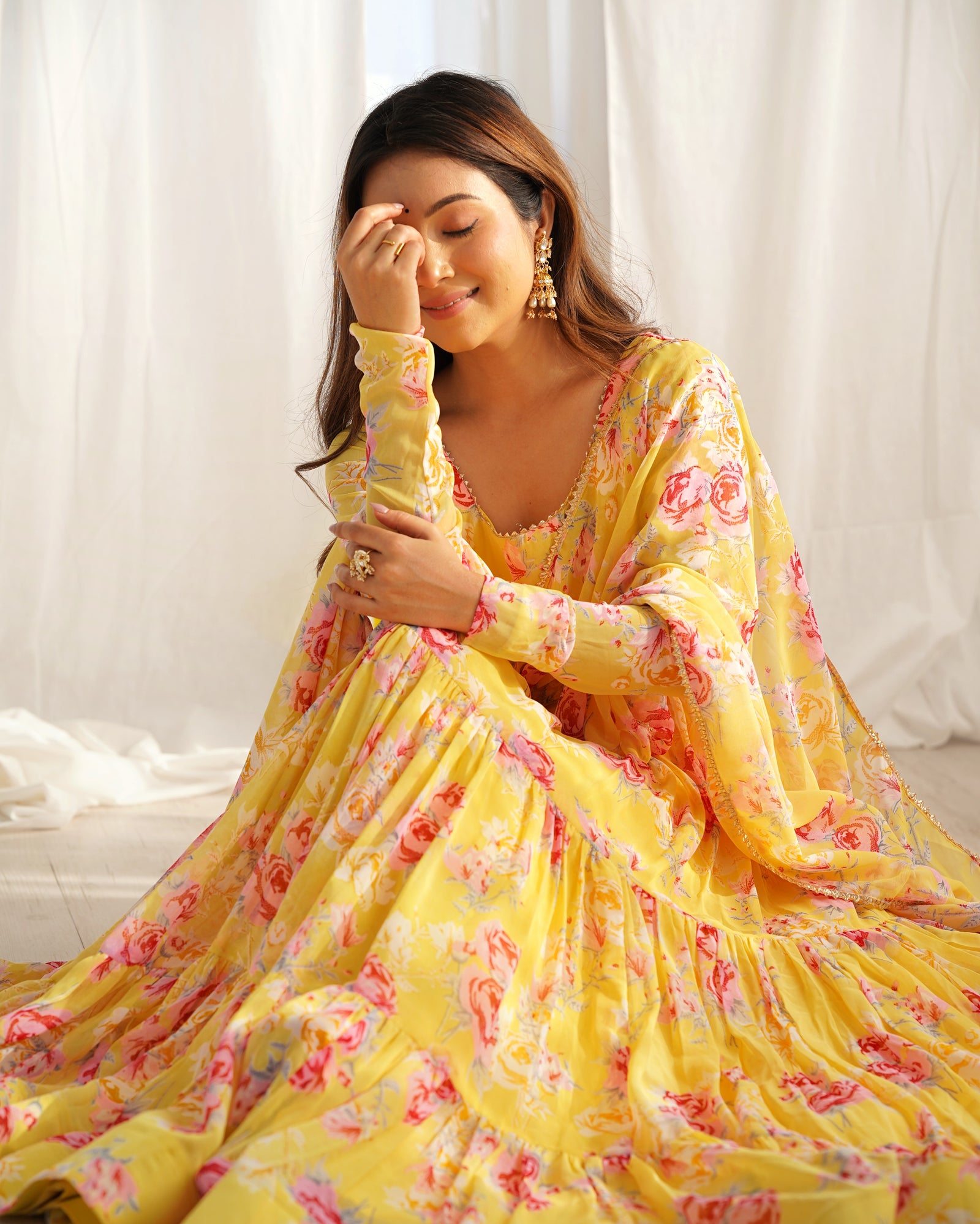 Yellow Designer Floral Print Anarkali Set with Dupatta & Pant Ready-to-Wear Festive & Wedding Outfit