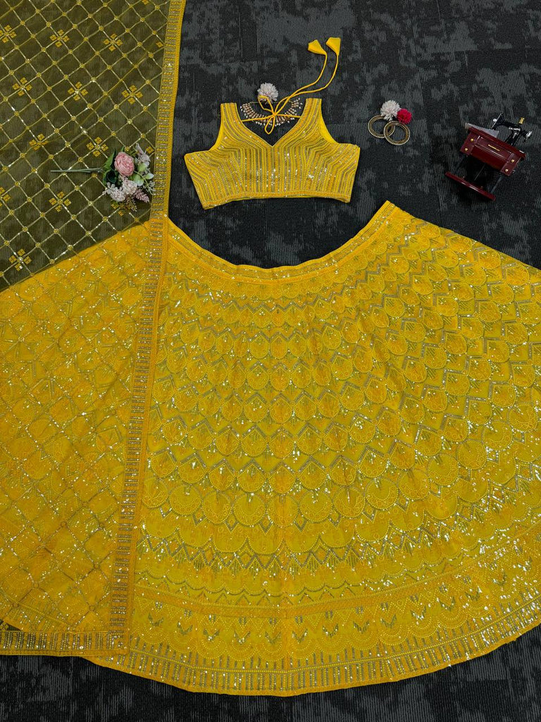 Yellow Designer Fox Georgette Semi-Stitched Lehengha Set with 9mm Sequin & Thread Embroidery ClothsVilla