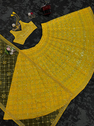 Yellow Designer Fox Georgette Semi-Stitched Lehengha Set with 9mm Sequin & Thread Embroidery ClothsVilla