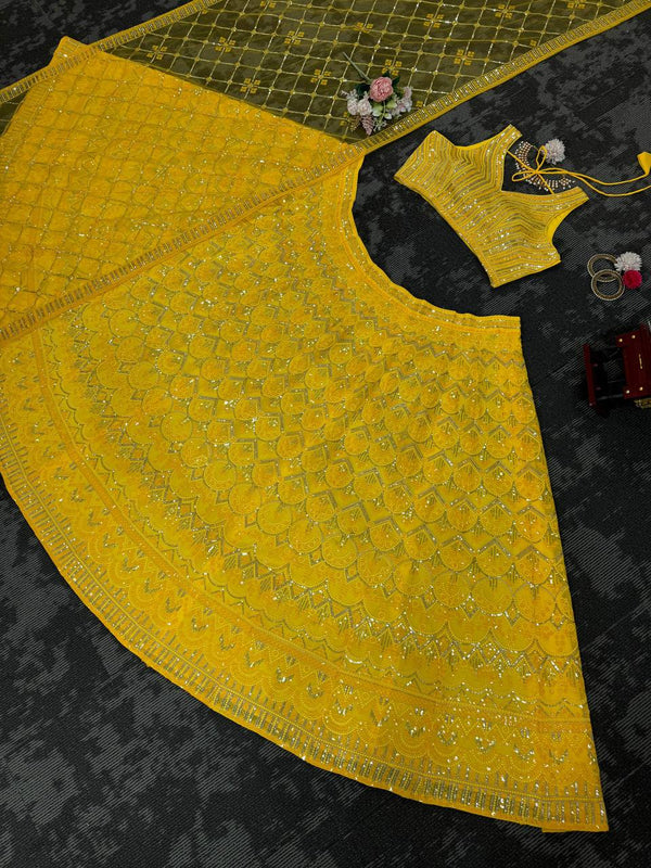 Yellow Designer Fox Georgette Semi-Stitched Lehengha Set with 9mm Sequin & Thread Embroidery ClothsVilla