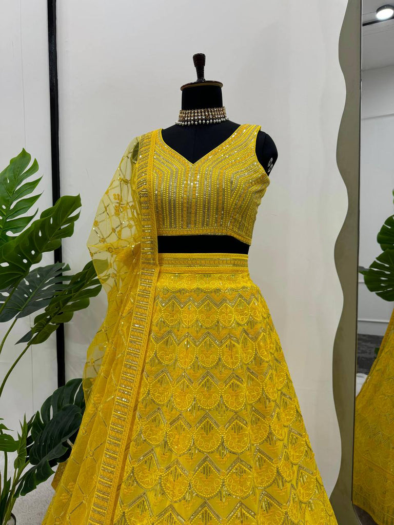 Yellow Designer Fox Georgette Semi-Stitched Lehengha Set with 9mm Sequin & Thread Embroidery ClothsVilla