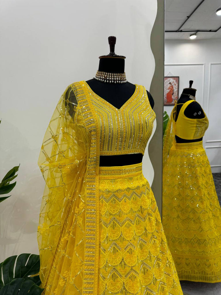 Yellow Designer Fox Georgette Semi-Stitched Lehengha Set with 9mm Sequin & Thread Embroidery ClothsVilla