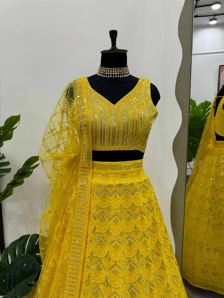 Yellow Designer Fox Georgette Semi-Stitched Lehengha Set with 9mm Sequin & Thread Embroidery ClothsVilla