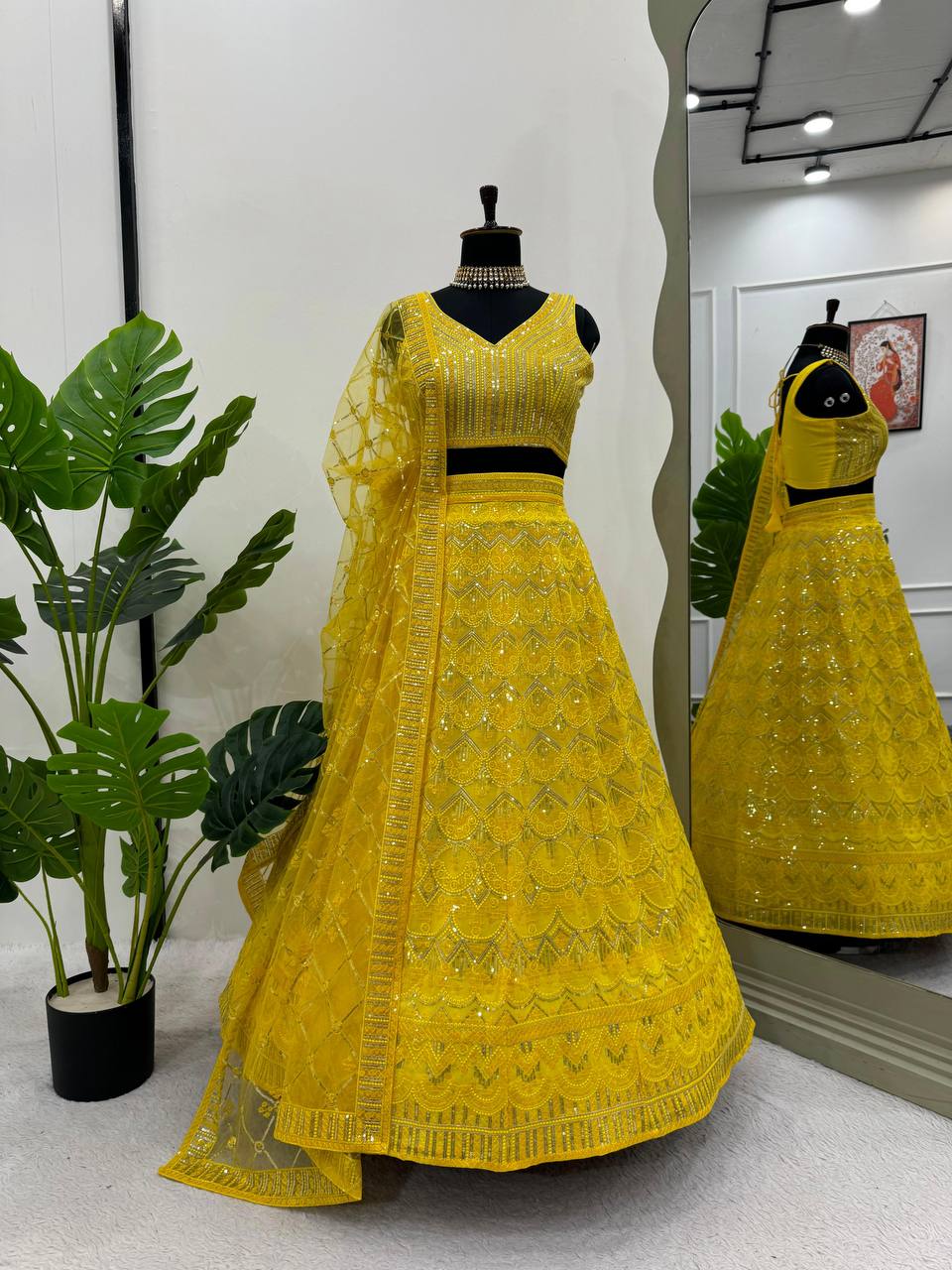 Yellow Designer Fox Georgette Semi-Stitched Lehengha Set with 9mm Sequin & Thread Embroidery ClothsVilla