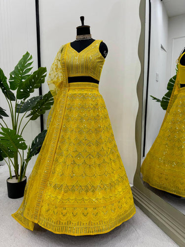 Yellow Designer Fox Georgette Semi-Stitched Lehengha Set with 9mm Sequin & Thread Embroidery ClothsVilla