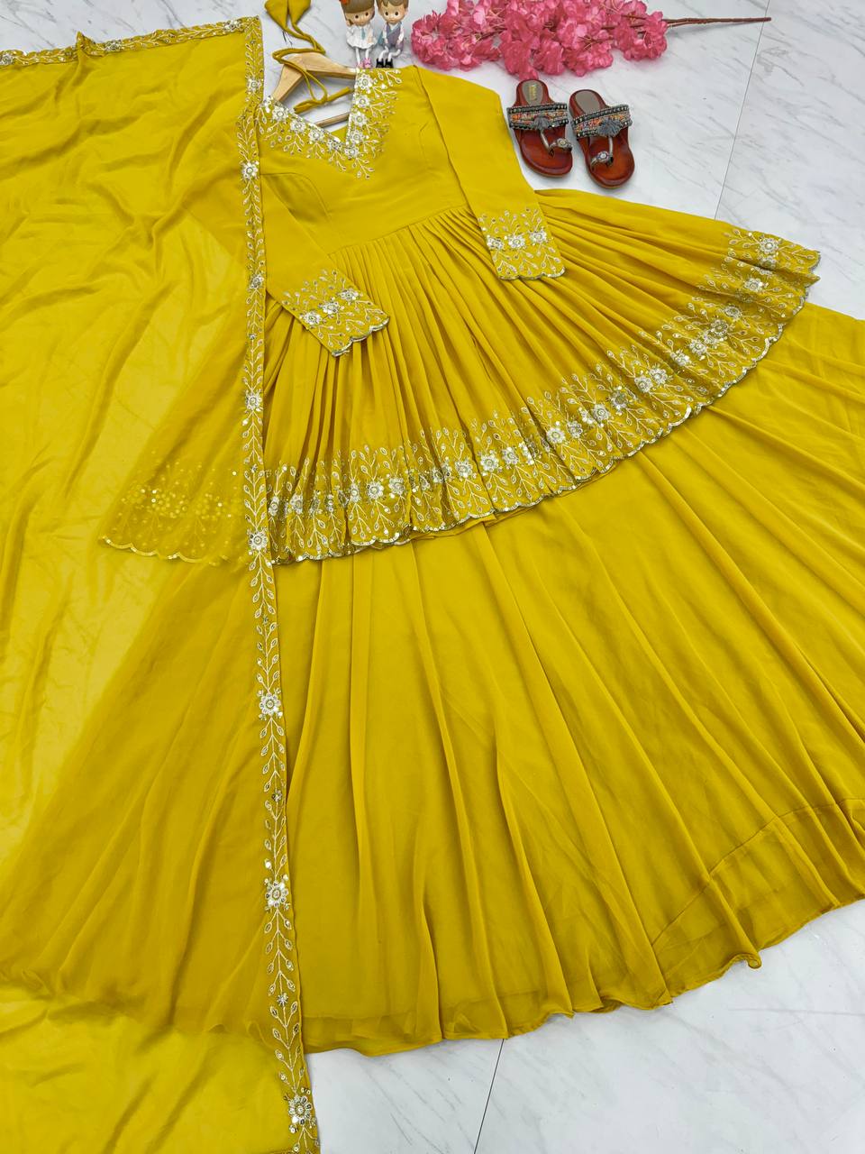 Yellow Designer Party Wear Top with Lehenga & Dupatta Set - Sequin Embroidery and Tassel Accents ClothsVilla