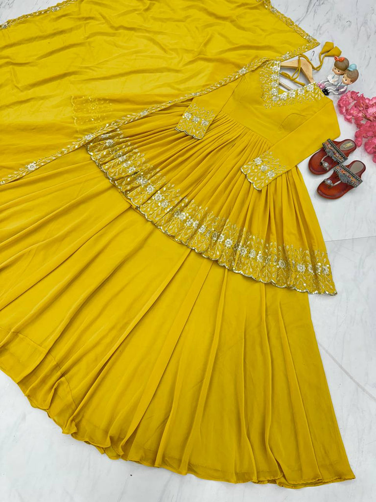 Yellow Designer Party Wear Top with Lehenga & Dupatta Set - Sequin Embroidery and Tassel Accents ClothsVilla