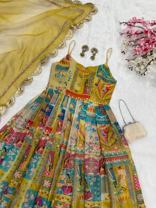 Yellow Designer Pure Jimmy Organza Silk Anarkali Gown with Georgette Dupatta ClothsVilla