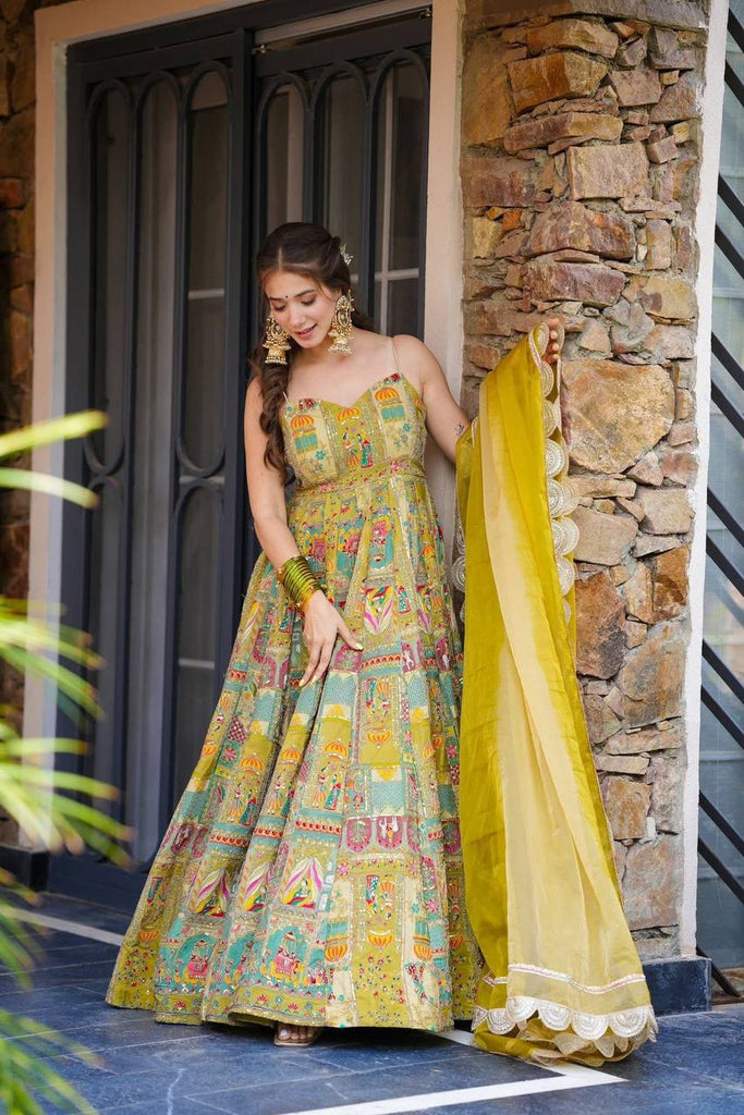 Yellow Designer Pure Jimmy Organza Silk Anarkali Gown with G Yellow Designer Pure Jimmy Organza Silk Anarkali Gown with G