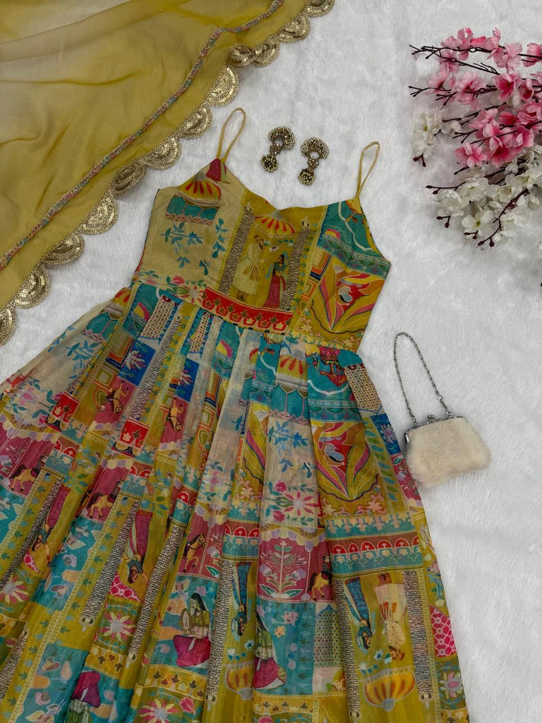 Yellow Designer Pure Jimmy Organza Silk Anarkali Gown with Georgette Dupatta ClothsVilla