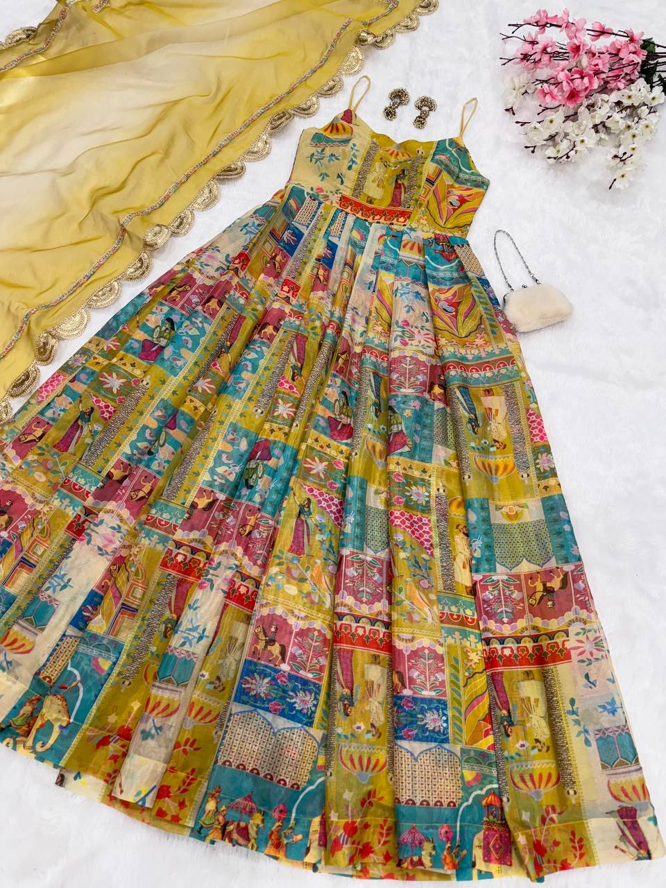 Yellow Designer Pure Jimmy Organza Silk Anarkali Gown with Georgette Dupatta ClothsVilla