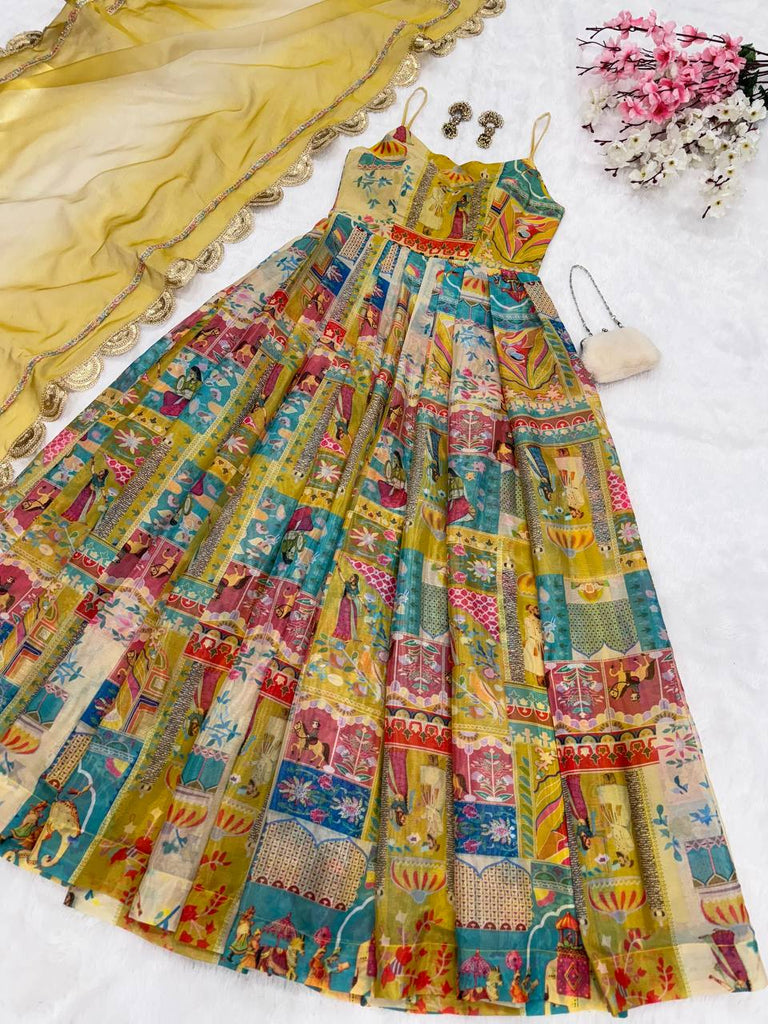Yellow Designer Pure Jimmy Organza Silk Anarkali Gown with Georgette Dupatta ClothsVilla