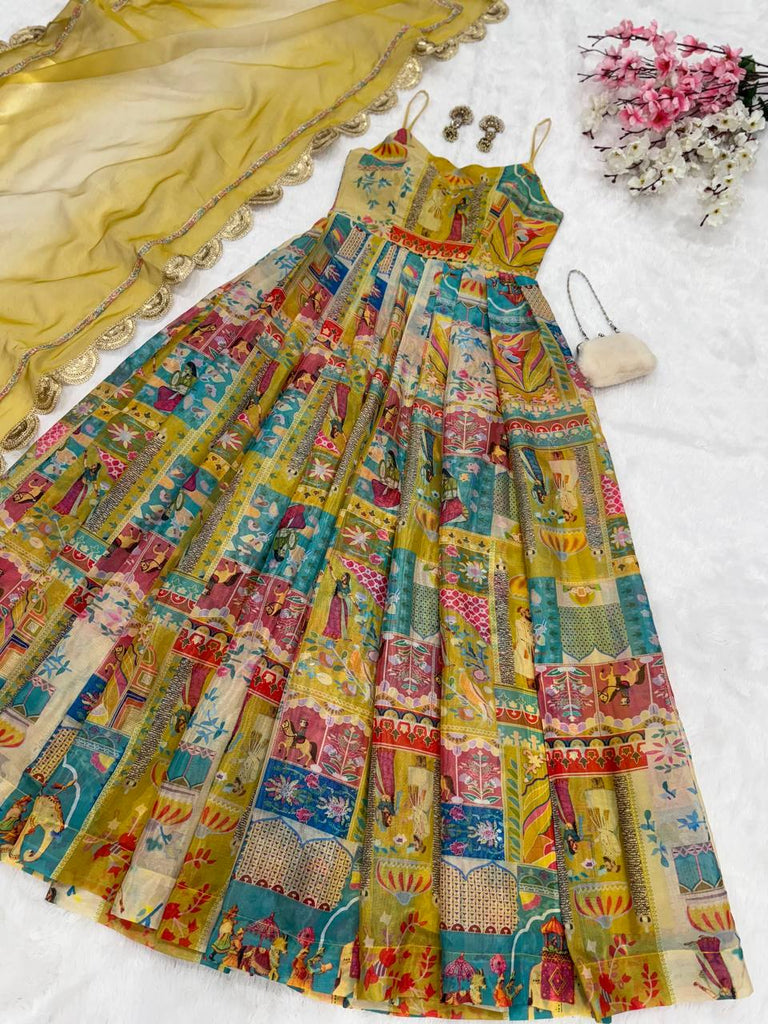 Yellow Designer Pure Jimmy Organza Silk Anarkali Gown with Georgette Dupatta ClothsVilla