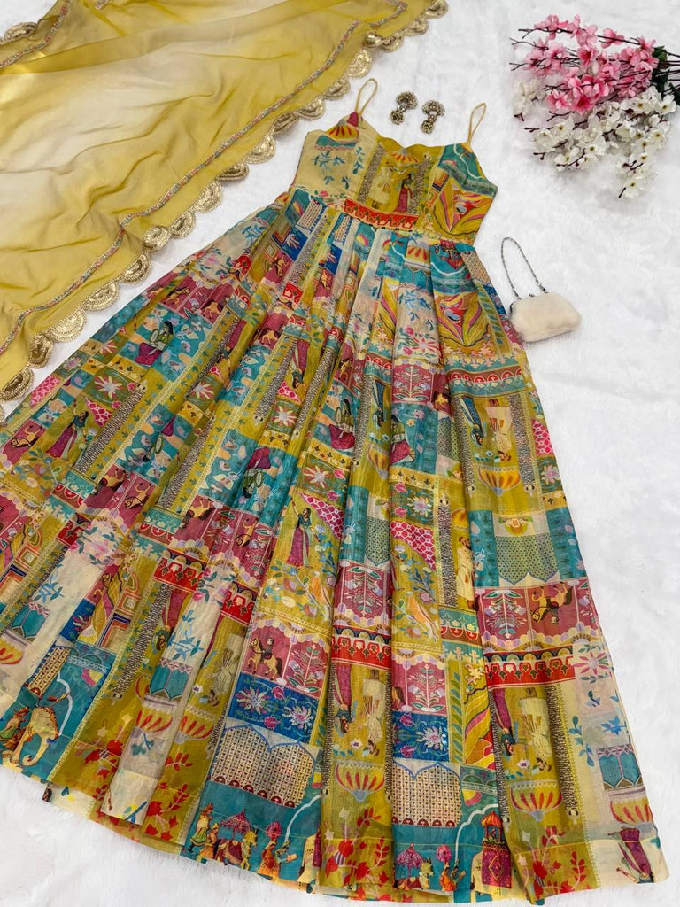 Yellow Designer Pure Jimmy Organza Silk Anarkali Gown with Georgette Dupatta ClothsVilla