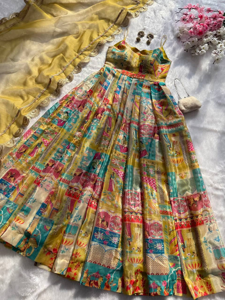 Yellow Designer Pure Jimmy Organza Silk Anarkali Gown with Georgette Dupatta ClothsVilla