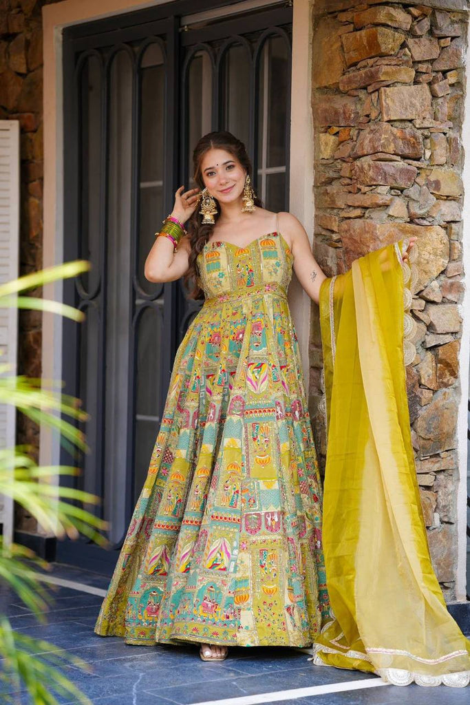 Yellow Designer Pure Jimmy Organza Silk Anarkali Gown with Georgette Dupatta ClothsVilla