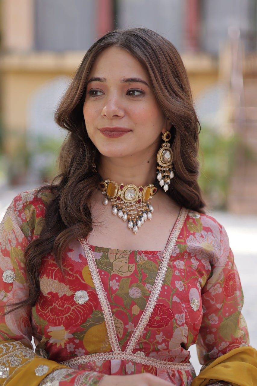 Yellow Designer Russian Silk Foil Embroidered Top with Sequined Dupatta Elegant Ethnic Ensemble ClothsVilla