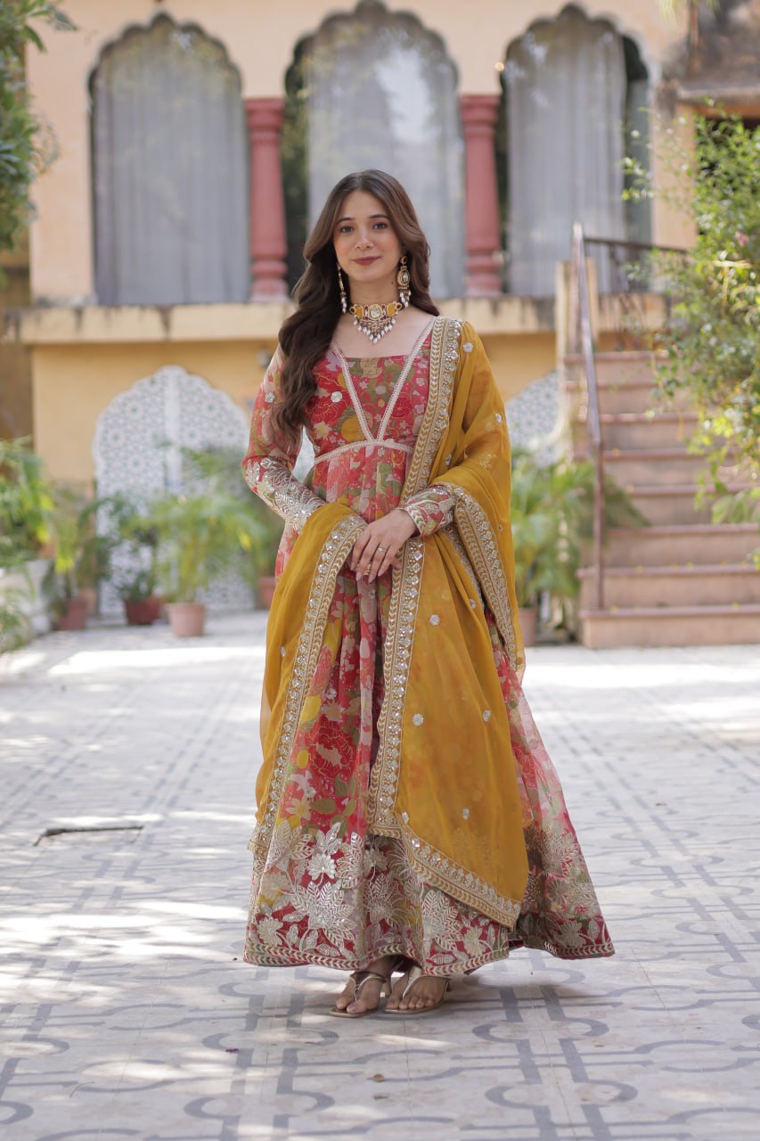 Yellow Designer Russian Silk Foil Embroidered Top with Sequined Dupatta Elegant Ethnic Ensemble ClothsVilla