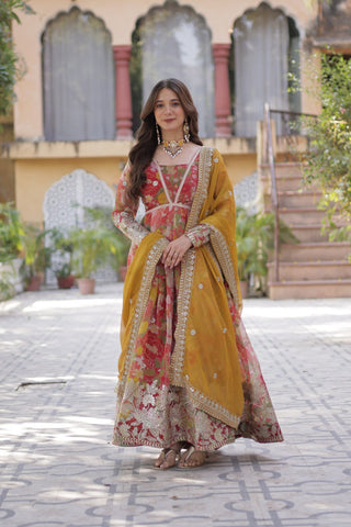Yellow Designer Russian Silk Foil Embroidered Top with Sequined Dupatta Elegant Ethnic Ensemble ClothsVilla