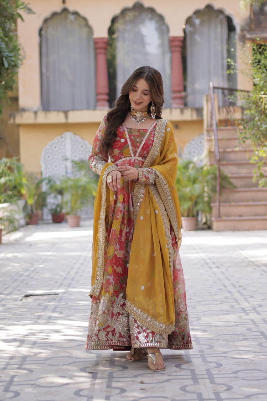 Yellow Designer Russian Silk Foil Embroidered Top with Sequined Dupatta Elegant Ethnic Ensemble ClothsVilla
