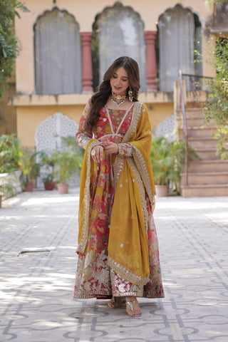 Yellow Designer Russian Silk Foil Embroidered Top with Sequined Dupatta Elegant Ethnic Ensemble ClothsVilla