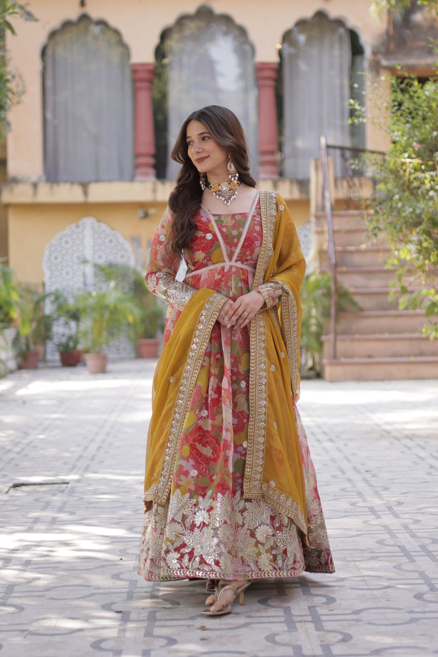 Yellow Designer Russian Silk Foil Embroidered Top with Sequined Dupatta Elegant Ethnic Ensemble ClothsVilla
