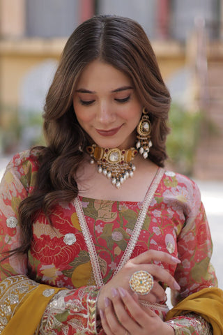 Yellow Designer Russian Silk Foil Embroidered Top with Sequined Dupatta Elegant Ethnic Ensemble ClothsVilla