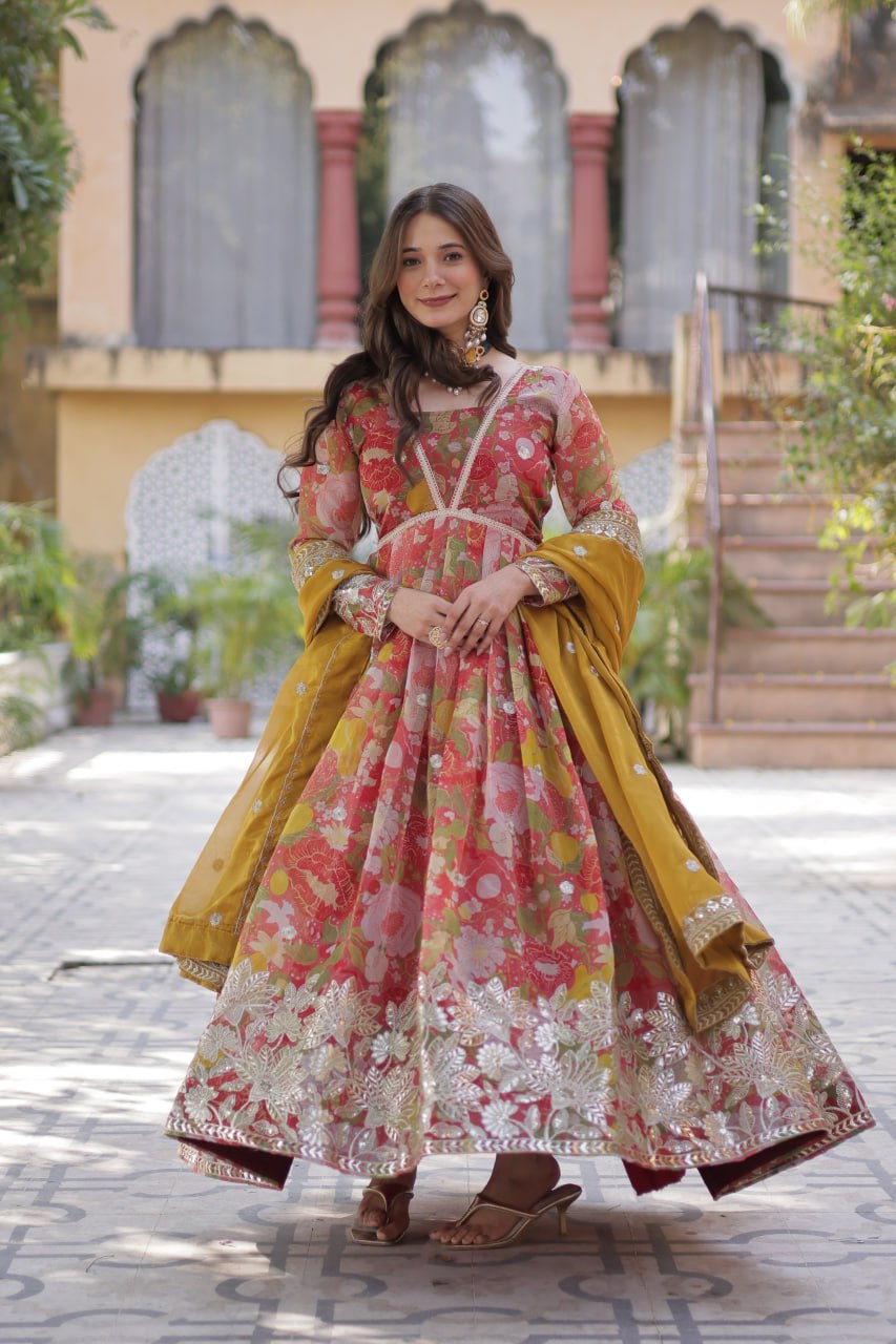 Yellow Designer Russian Silk Foil Embroidered Top with Sequined Dupatta Elegant Ethnic Ensemble ClothsVilla