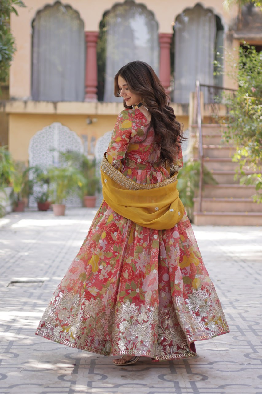 Yellow Designer Russian Silk Foil Embroidered Top with Sequined Dupatta Elegant Ethnic Ensemble ClothsVilla