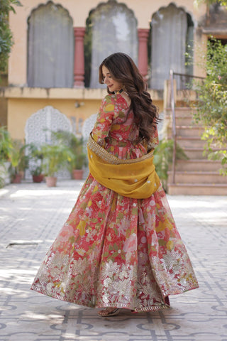Yellow Designer Russian Silk Foil Embroidered Top with Sequined Dupatta Elegant Ethnic Ensemble ClothsVilla