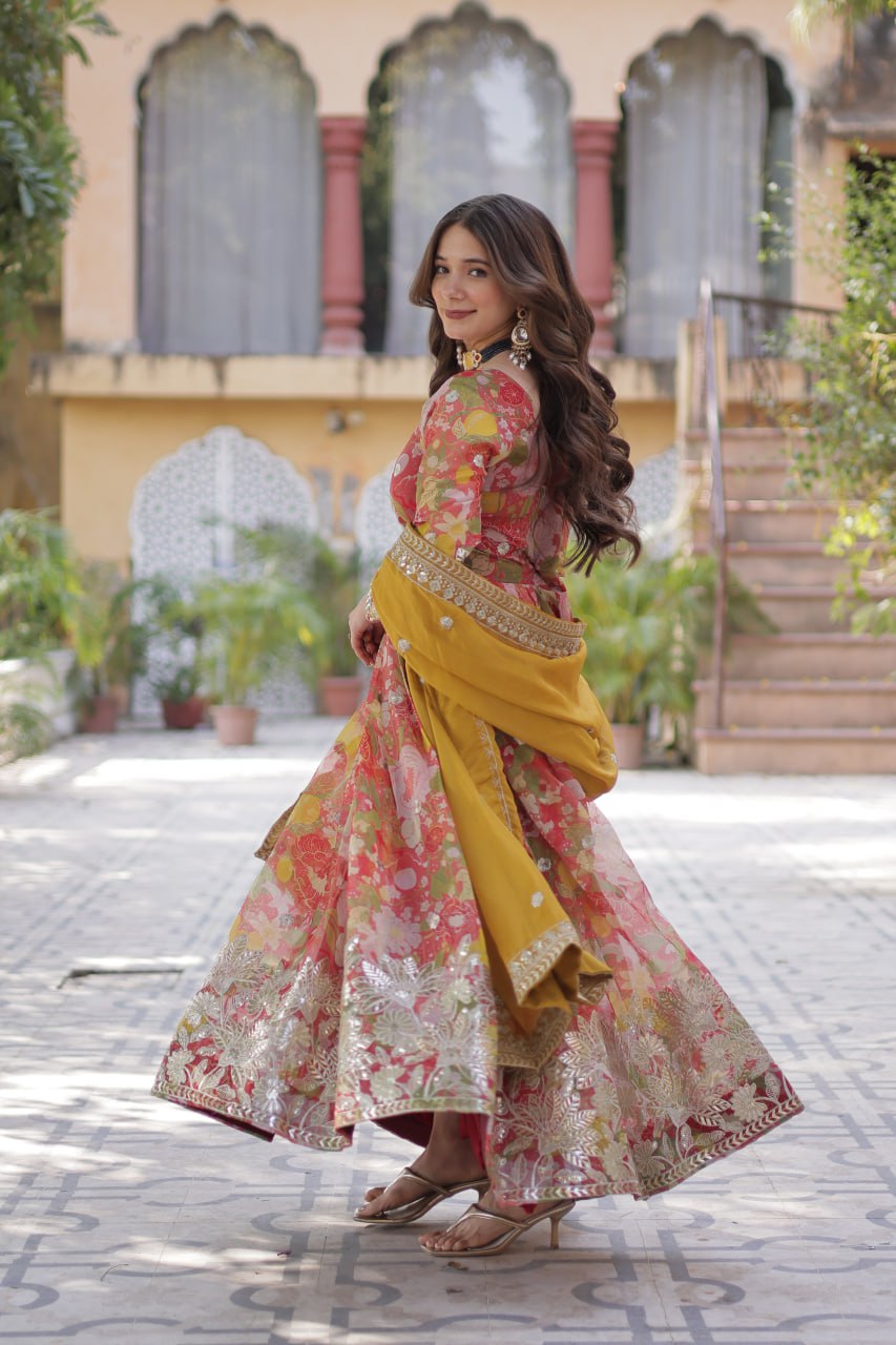 Yellow Designer Russian Silk Foil Embroidered Top with Sequined Dupatta Elegant Ethnic Ensemble ClothsVilla