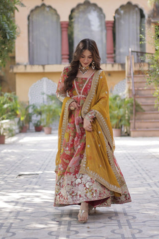 Yellow Designer Russian Silk Foil Embroidered Top with Sequined Dupatta Elegant Ethnic Ensemble ClothsVilla