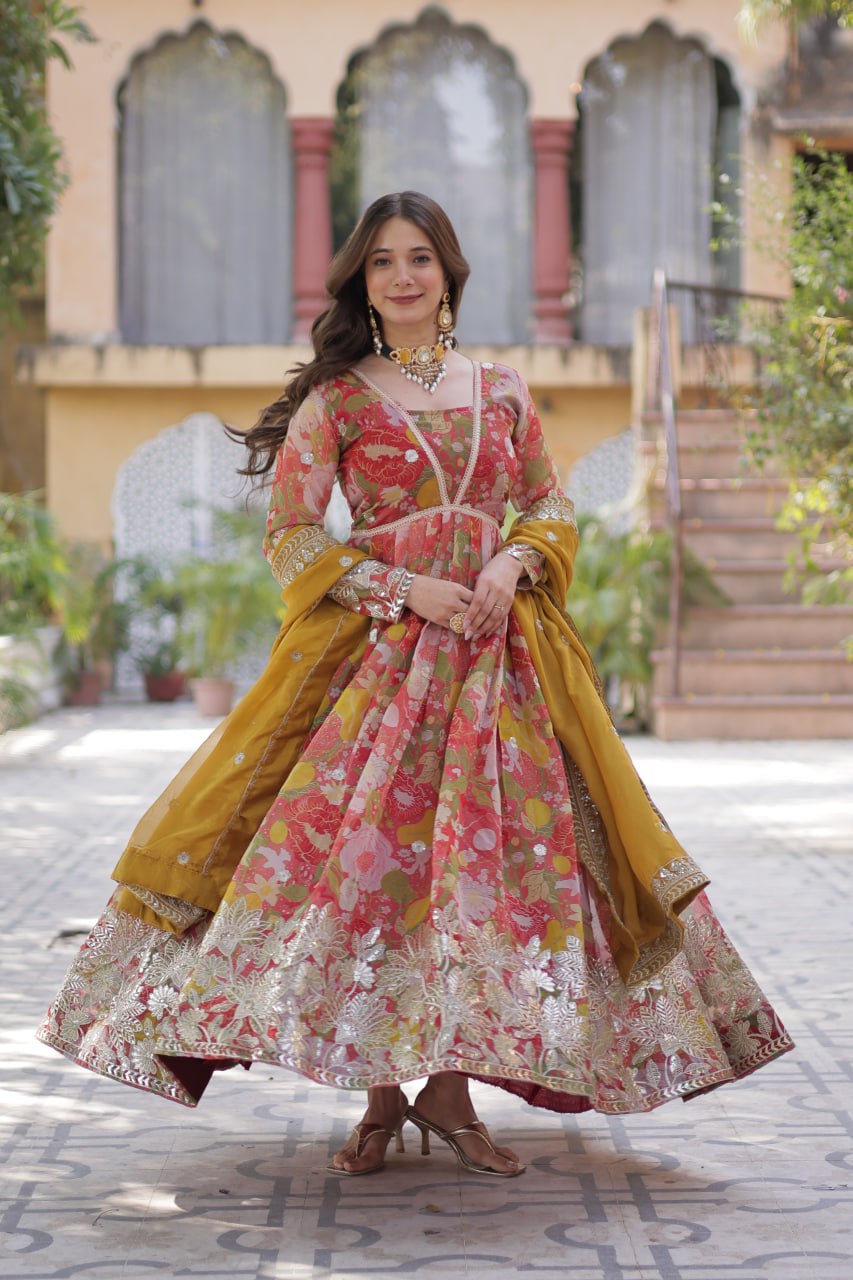 Yellow Designer Russian Silk Foil Embroidered Top with Sequined Dupatta Elegant Ethnic Ensemble ClothsVilla