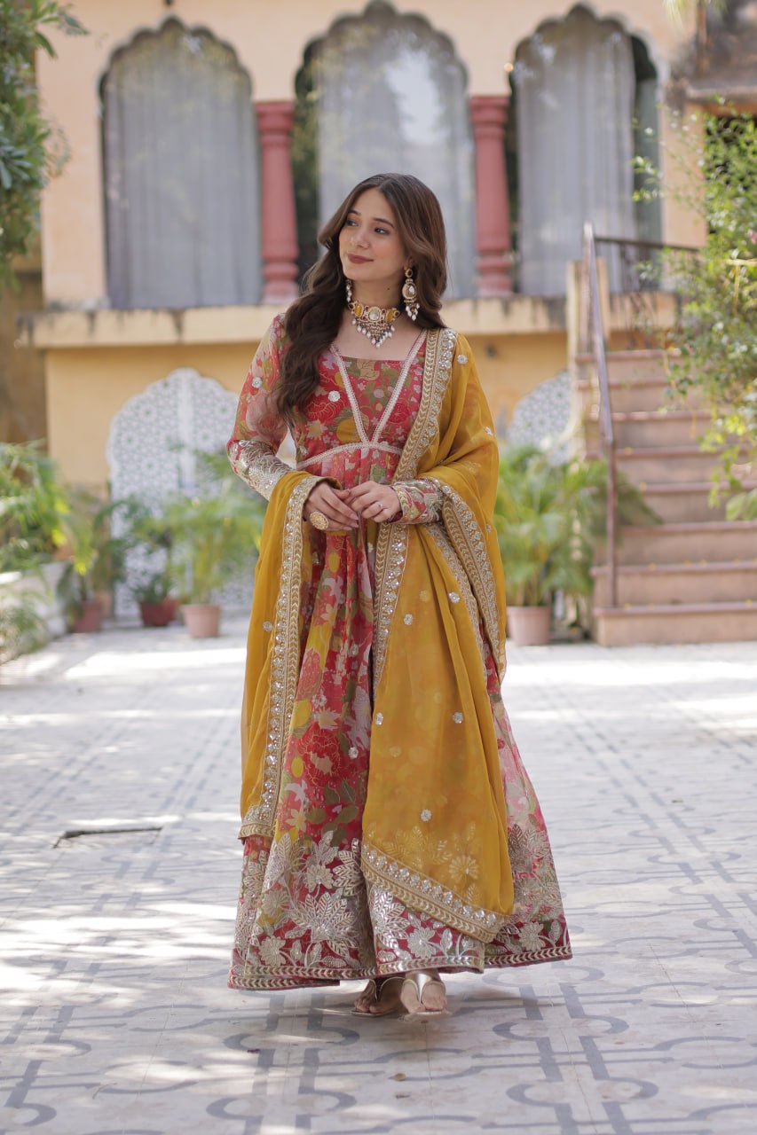 Yellow Designer Russian Silk Foil Embroidered Top with Sequined Dupatta Elegant Ethnic Ensemble ClothsVilla