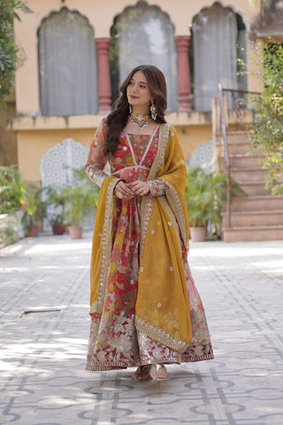 Yellow Designer Russian Silk Foil Embroidered Top with Sequined Dupatta Elegant Ethnic Ensemble ClothsVilla