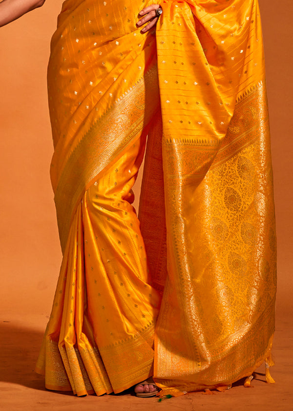 Yellow Designer Satin Silk Saree with Blouse Piece ClothsVilla