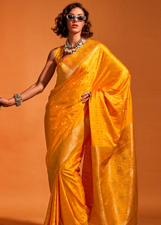 Yellow Designer Satin Silk Saree with Blouse Piece ClothsVilla