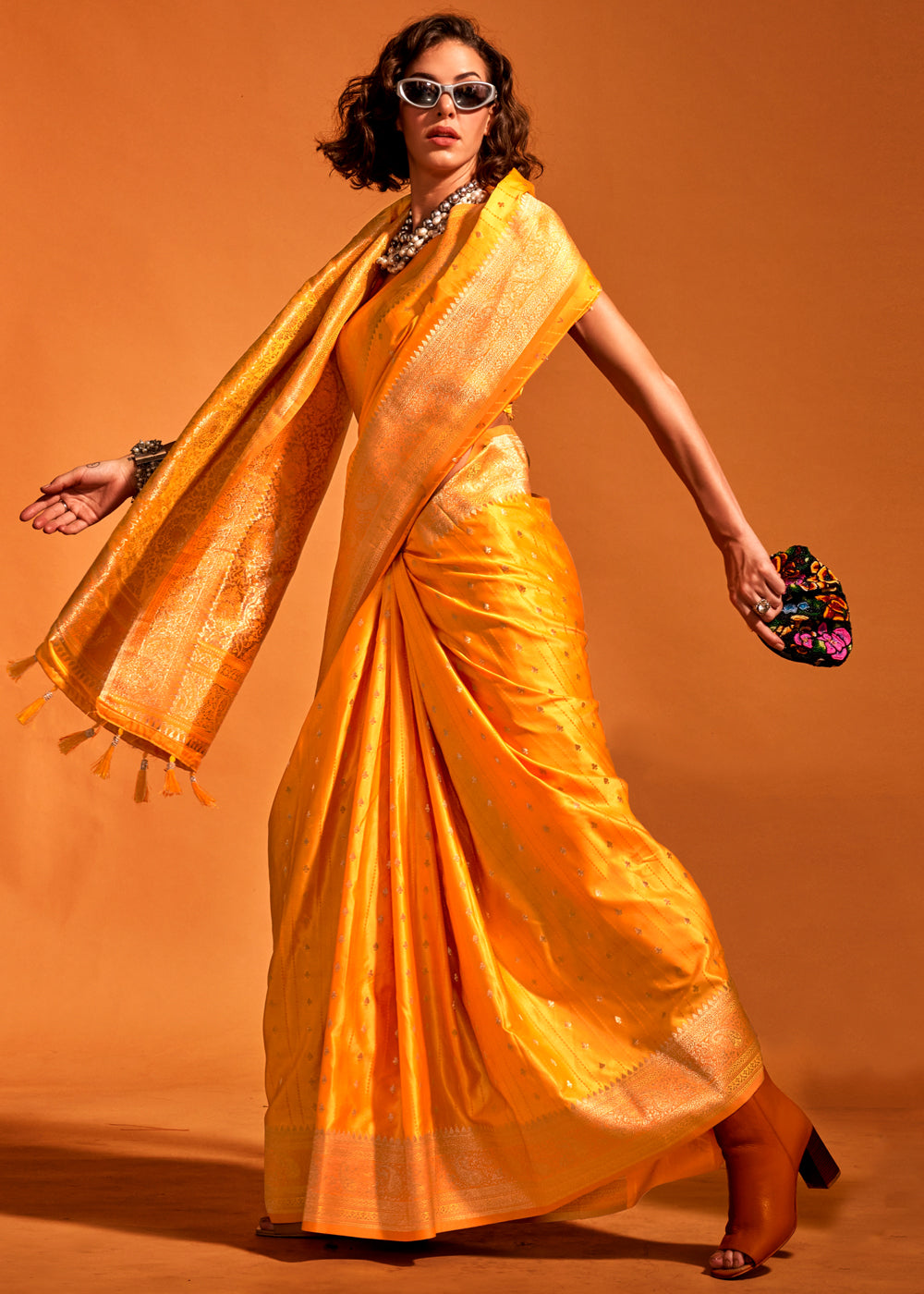 Yellow Designer Satin Silk Saree with Blouse Piece ClothsVilla Main image