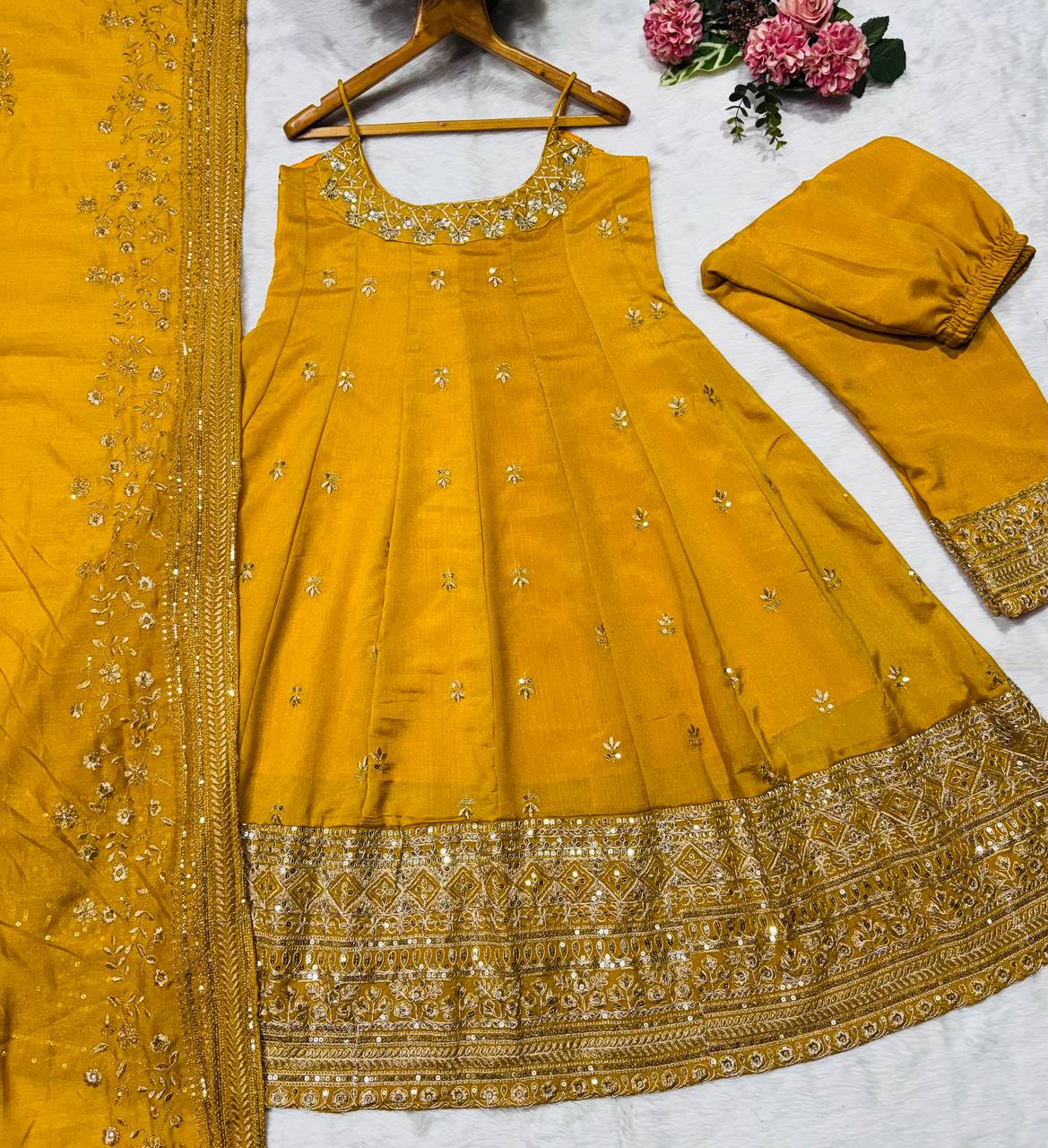Yellow Designer Vichitra Silk Gown Set with Zari-Coding, Sequin Embroidery & Dori Latkan – Premium 3-Piece Stitched Ensemble ClothsVilla