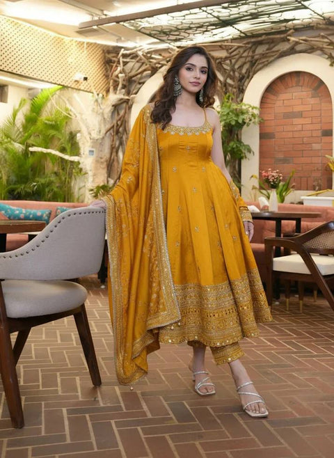 Yellow Designer Vichitra Silk Gown Set with Zari-Coding, Sequin Embroidery & Dori Latkan – Premium 3-Piece Stitched Ensemble ClothsVilla Main image