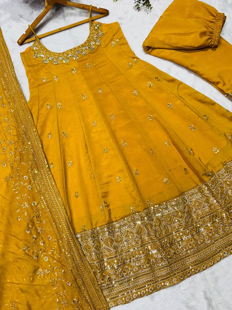 Yellow Designer Vichitra Silk Gown Set with Zari-Coding, Sequin Embroidery & Dori Latkan – Premium 3-Piece Stitched Ensemble ClothsVilla