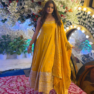 Yellow Designer Vichitra Silk Gown Set with Zari-Coding, Sequin Embroidery & Dori Latkan – Premium 3-Piece Stitched Ensemble ClothsVilla