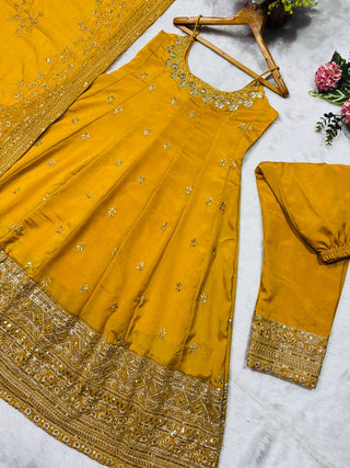 Yellow Designer Vichitra Silk Gown Set with Zari-Coding, Sequin Embroidery & Dori Latkan – Premium 3-Piece Stitched Ensemble ClothsVilla