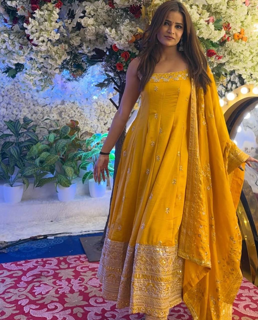 Yellow Designer Vichitra Silk Gown Set with Zari-Coding, Sequin Embroidery & Dori Latkan – Premium 3-Piece Stitched Ensemble ClothsVilla