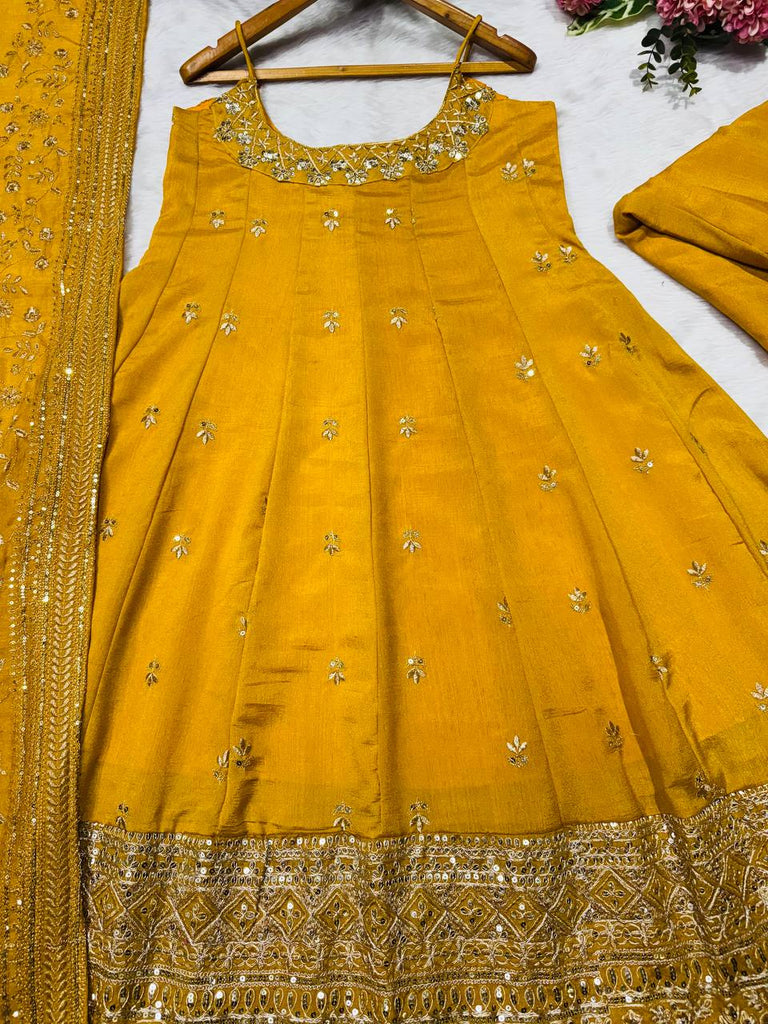 Yellow Designer Vichitra Silk Gown Set with Zari-Coding, Sequin Embroidery & Dori Latkan – Premium 3-Piece Stitched Ensemble ClothsVilla