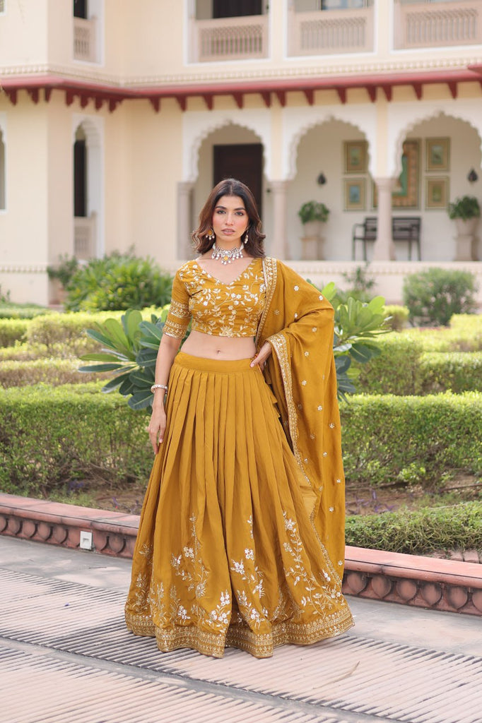 Yellow Designer Vichitra Silk Sequins & Zari Embroidered Lehenga Choli Set with Matching Dupatta – Fully Stitched Festive & Wedding Wear Ensemble ClothsVilla