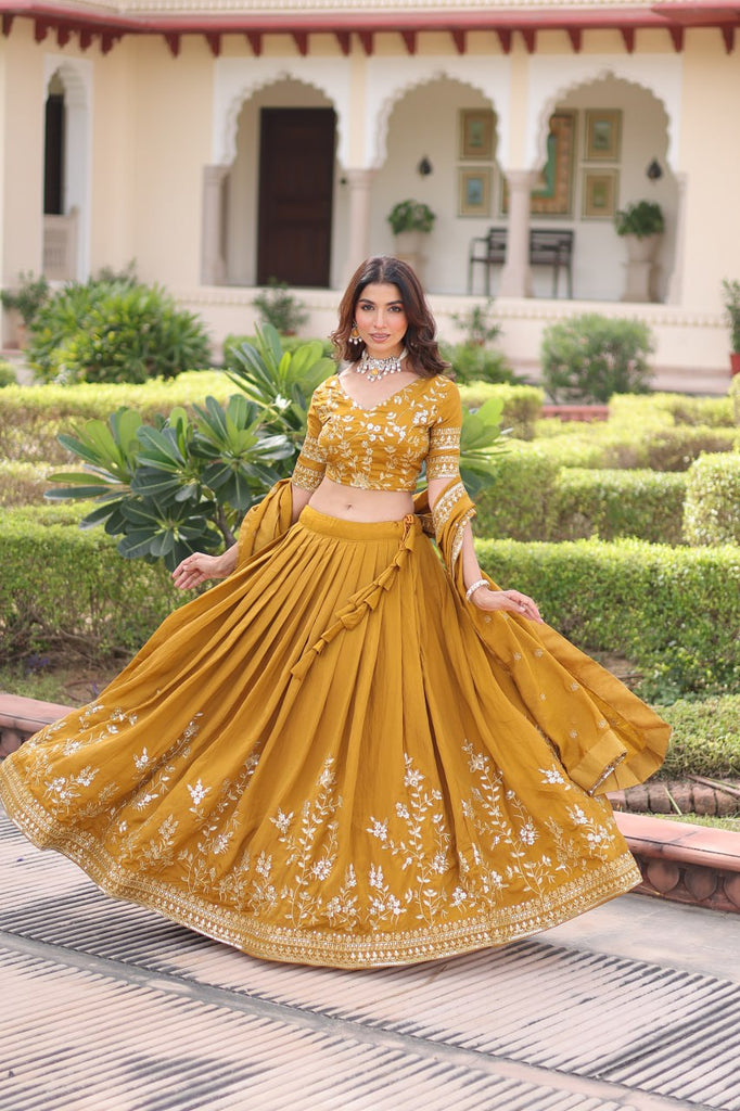 Yellow Designer Vichitra Silk Sequins & Zari Embroidered Lehenga Choli Set with Matching Dupatta – Fully Stitched Festive & Wedding Wear Ensemble ClothsVilla