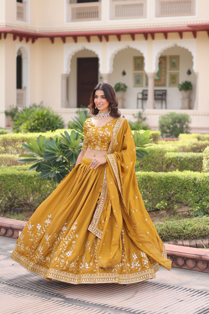 Yellow Designer Vichitra Silk Sequins & Zari Embroidered Lehenga Choli Set with Matching Dupatta – Fully Stitched Festive & Wedding Wear Ensemble ClothsVilla